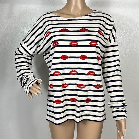 ❤️Last Chance J.Crew Cotton Embroidered Lips Striped Long Sleeve Tee Top Size M - Picture 2 of 9